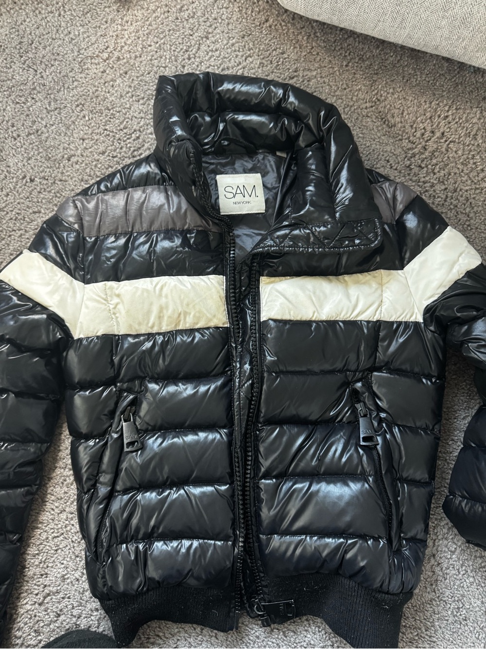 SM New York Black Quilted Puffer Jacket with Cream Stripe